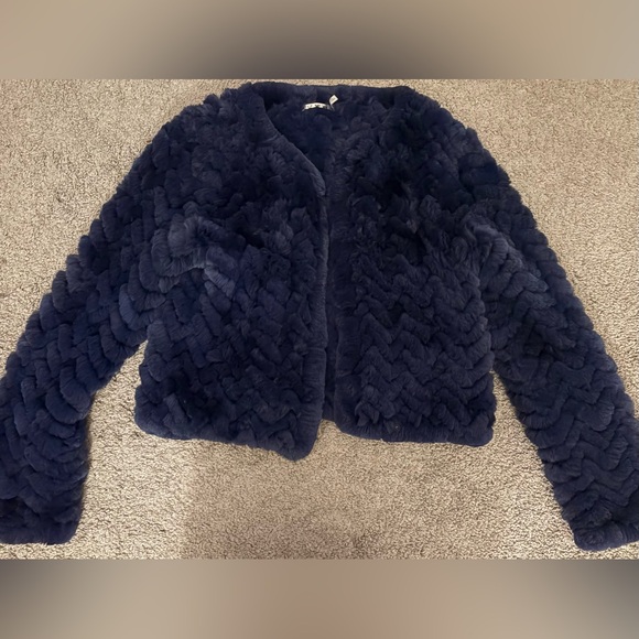 Women’s Medium Alice + Olivia Fawn Faux Fur Jacket Indigo Collarless Luxe Coat - Picture 4 of 7